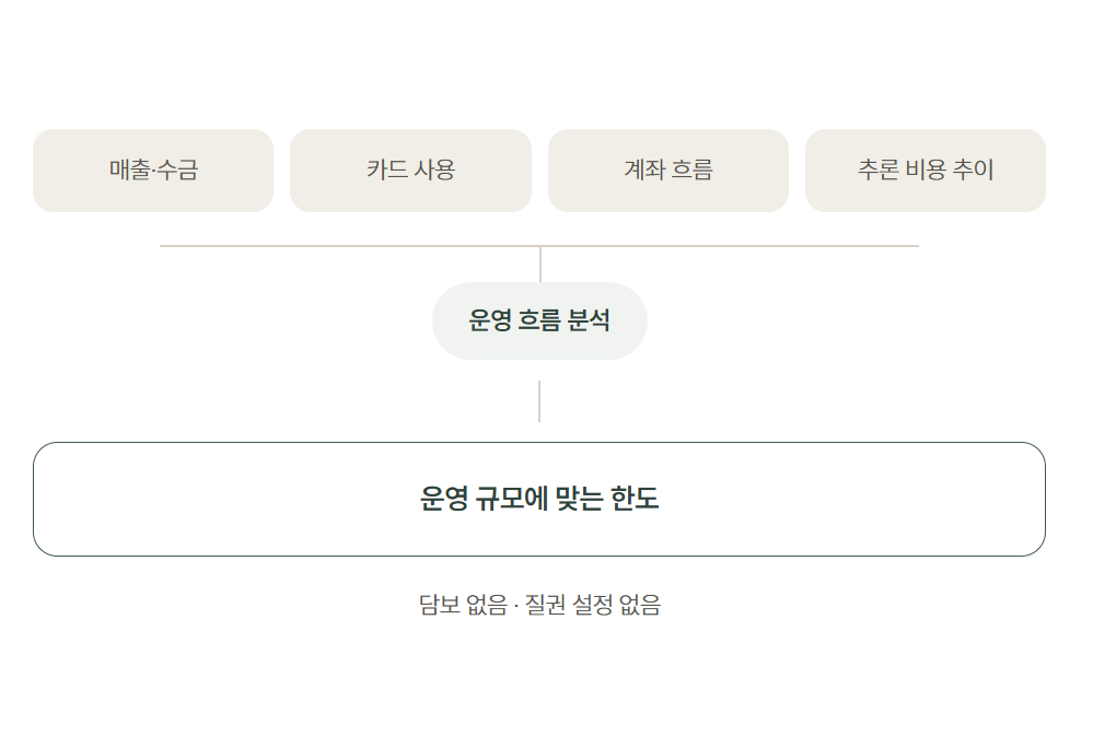 운영 흐름 분석 도식: 매출·수금, 카드 사용, 계좌 흐름, 추론 비용 추이를 함께 살펴 운영 규모에 맞는 한도를 산출합니다. 담보 없음, 질권 설정 없음.