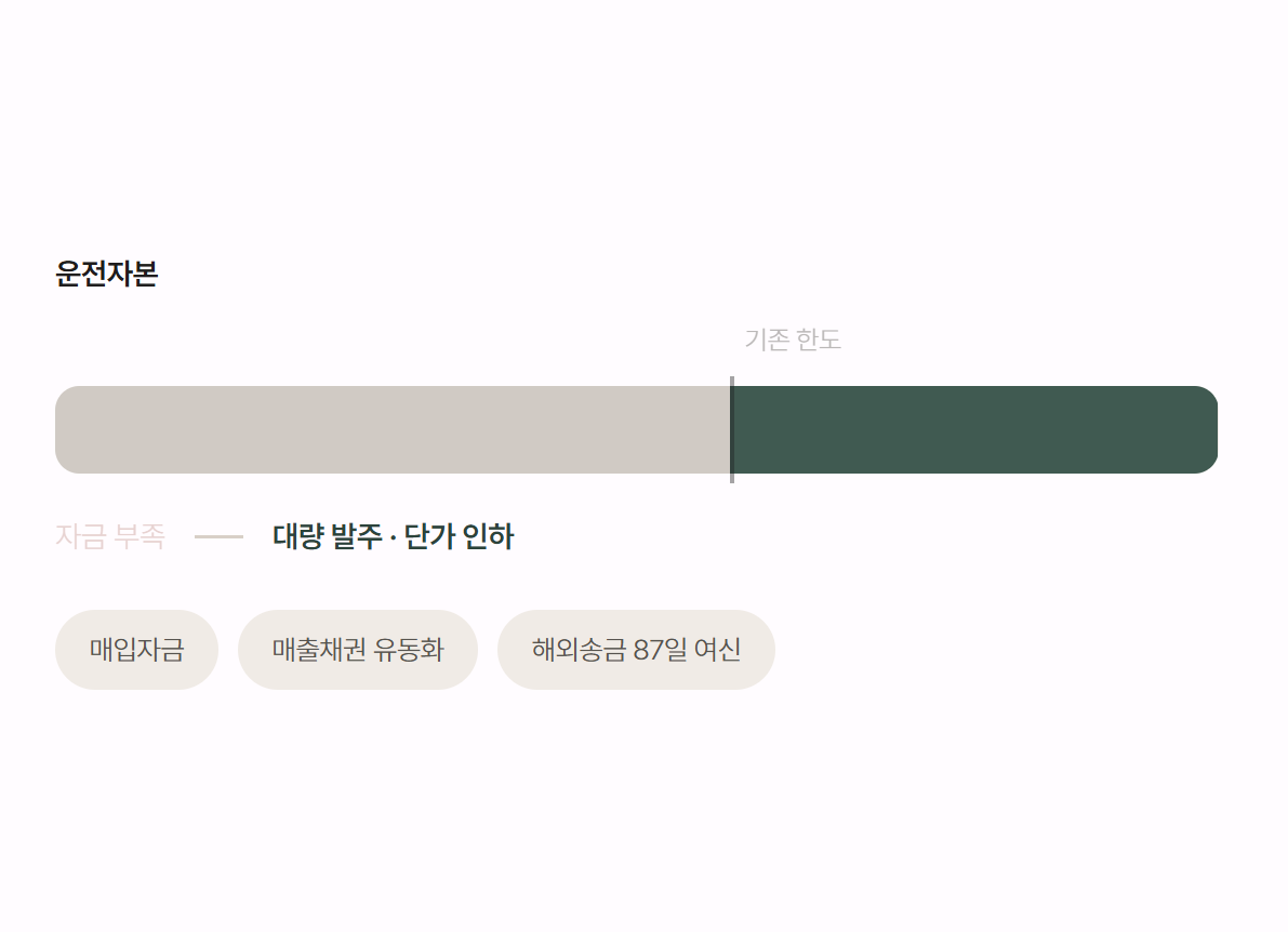 운전자본: 기존 한도만으로는 자금이 부족하지만, 매입자금·매출채권 유동화·해외송금 87일 여신으로 대량 발주와 단가 인하가 가능합니다.