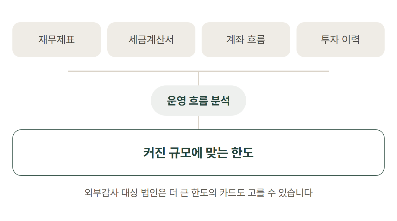 재무제표와 세금계산서 매출·매입, 계좌 흐름, 투자 이력을 보고 커진 규모에 맞는 한도를 내는 도식입니다.