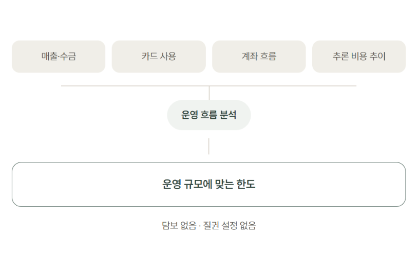 운영 흐름 분석 도식: 매출·수금, 카드 사용, 계좌 흐름, 추론 비용 추이를 함께 분석해 운영 규모에 맞는 한도를 산정합니다. 담보와 질권 설정이 없습니다.