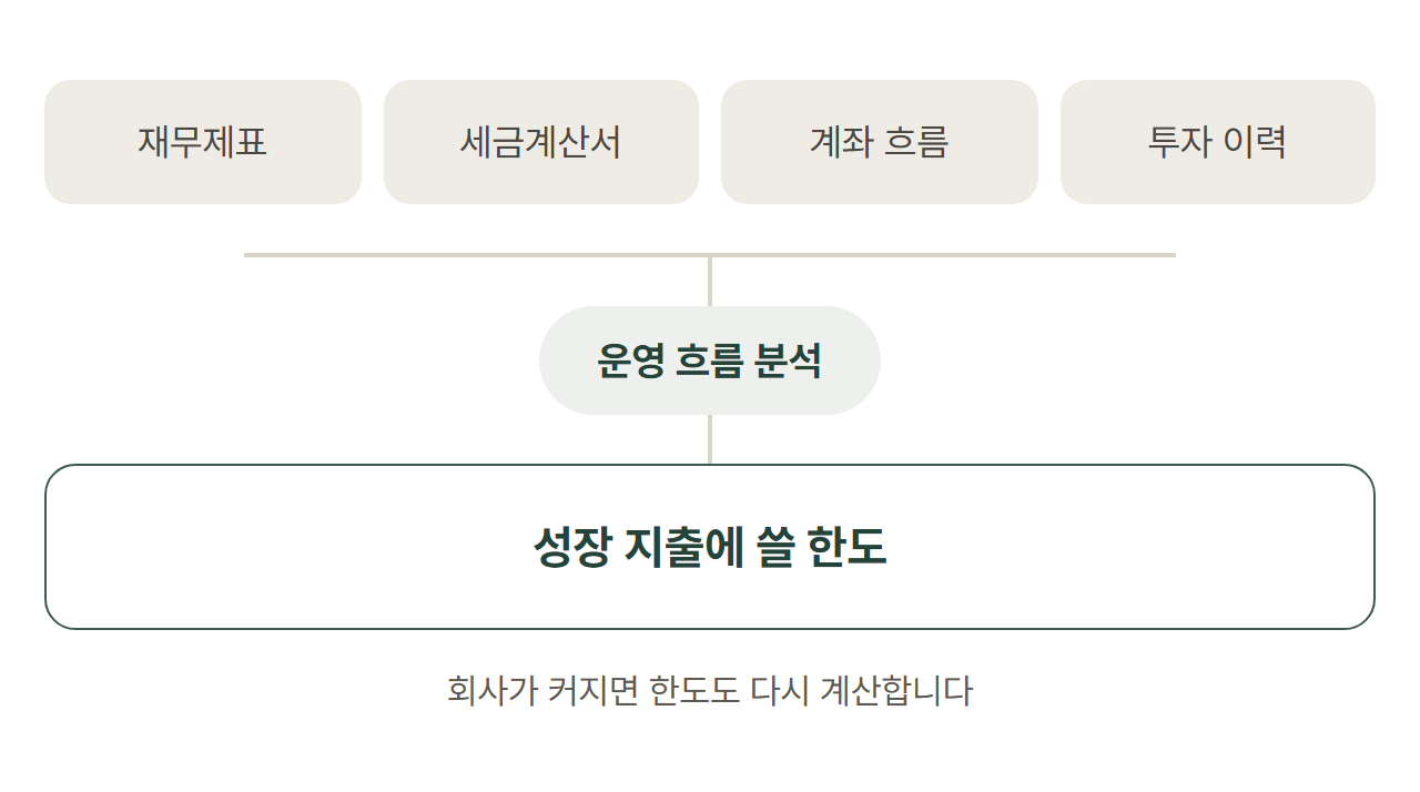 재무제표와 세금계산서 매출·매입, 계좌 흐름, 투자 이력을 보고 한도를 내는 도식입니다.