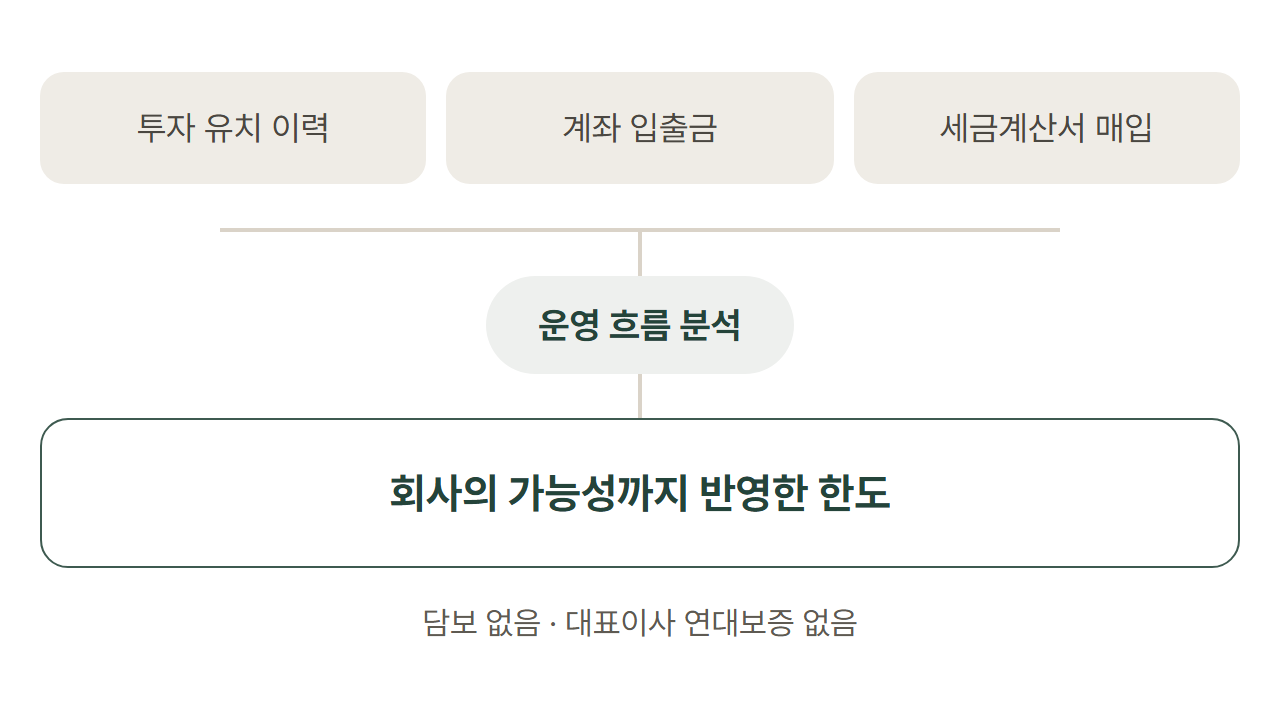 투자 유치 이력과 계좌 입출금, 세금계산서 매입을 보고 운영 흐름을 분석해 한도를 내는 도식입니다.
